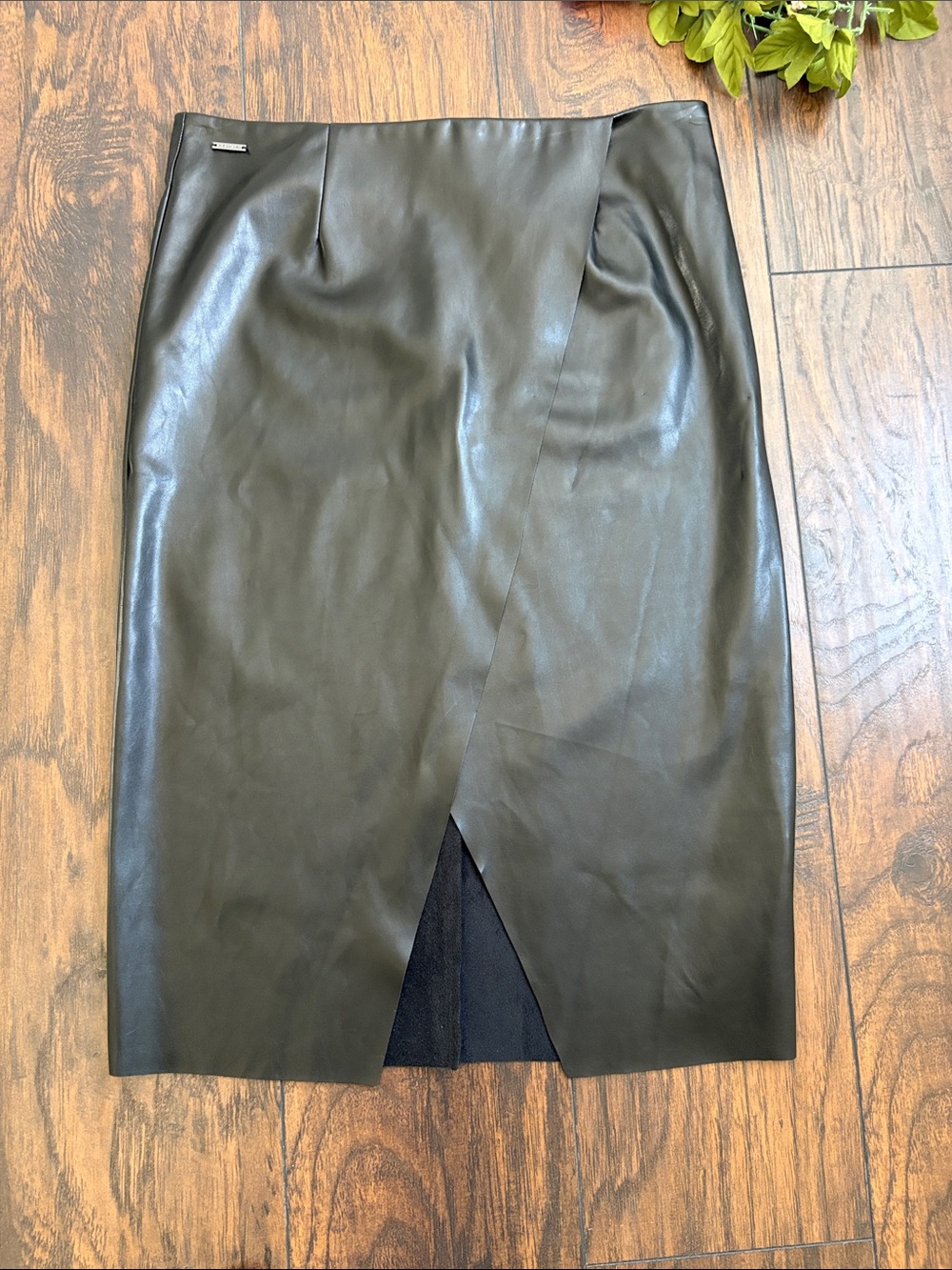 Black Faux Leather Pencil Skirt with Front Slit